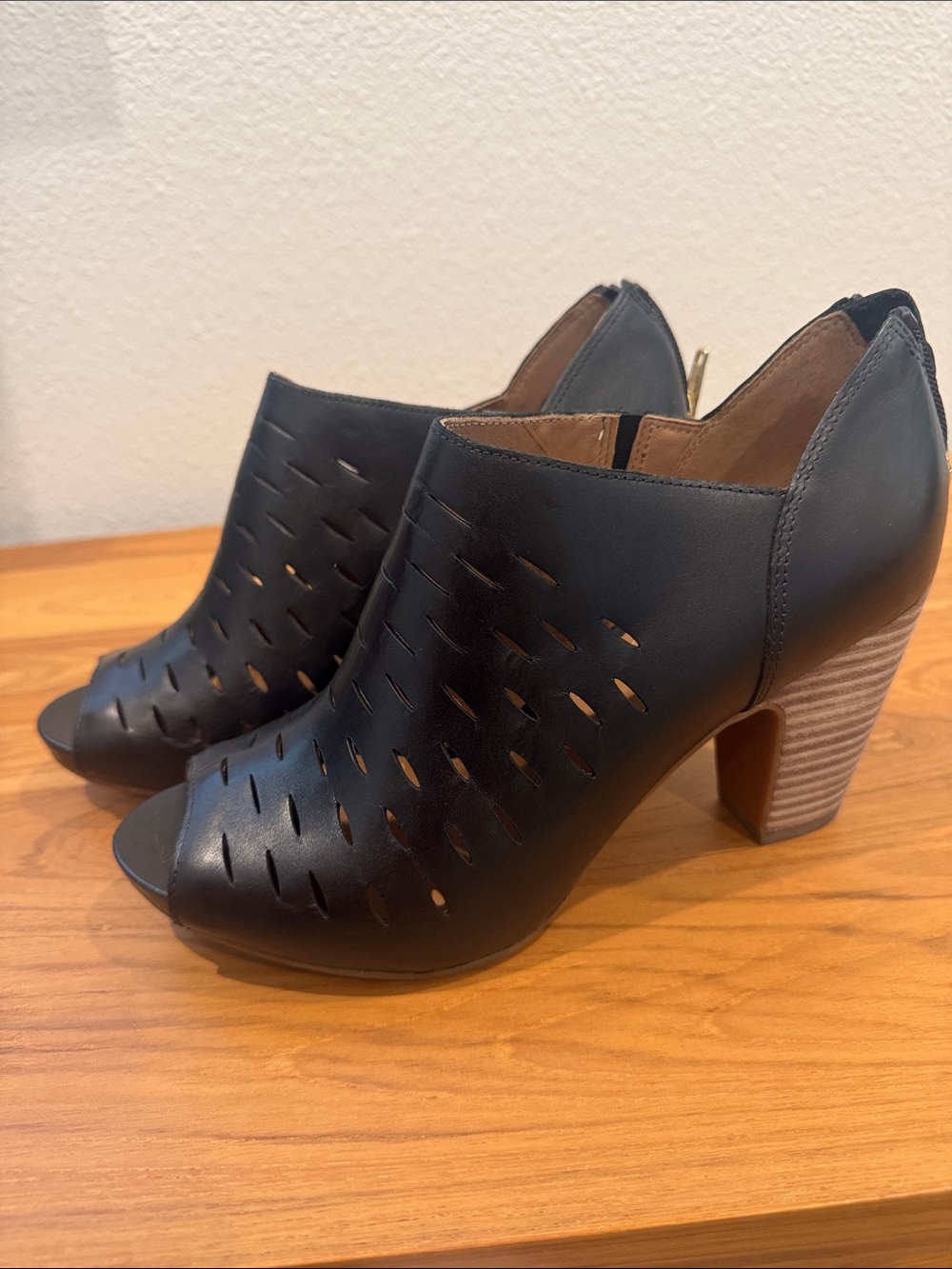 Clarks Black Peep-Toe Cutout Block Heel Booties